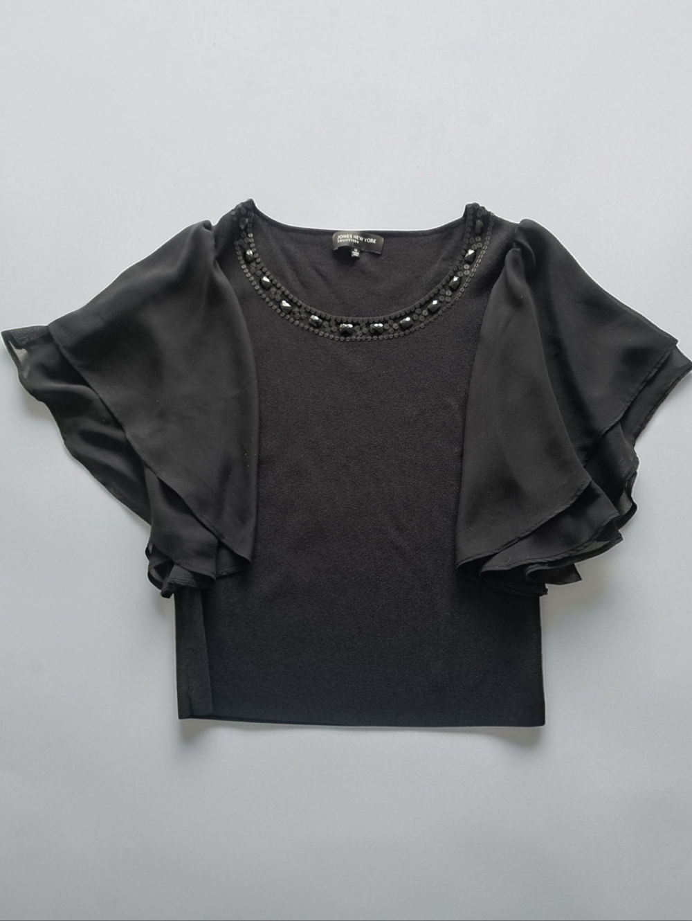 Jones New York Black Beaded Flutter Sleeve Top - Picture 2 of 10